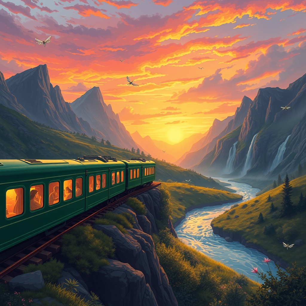 AI generated image by FLUX.1-schnell: A Majestic Train Journey Through a Fantasy Landscape
"Illustrate a classic green train winding through a breathtaking fantasy valley during sunset. The train is moving along a track perched above a sparkling river that flows through the lush valley below. The windows of the train glow warmly, and passengers look out in awe at the scenic surroundings. The distant mountains are jagged and dramatic, with waterfalls cascading down their slopes. The sky is a vibrant mix of orange, pink, and purple hues, with hints of golden sunlight breaking through the clouds. Small magical creatures, like glowing dragonflies and colorful birds, add a touch of fantasy. The scene should exude adventure, beauty, and a sense of escape."