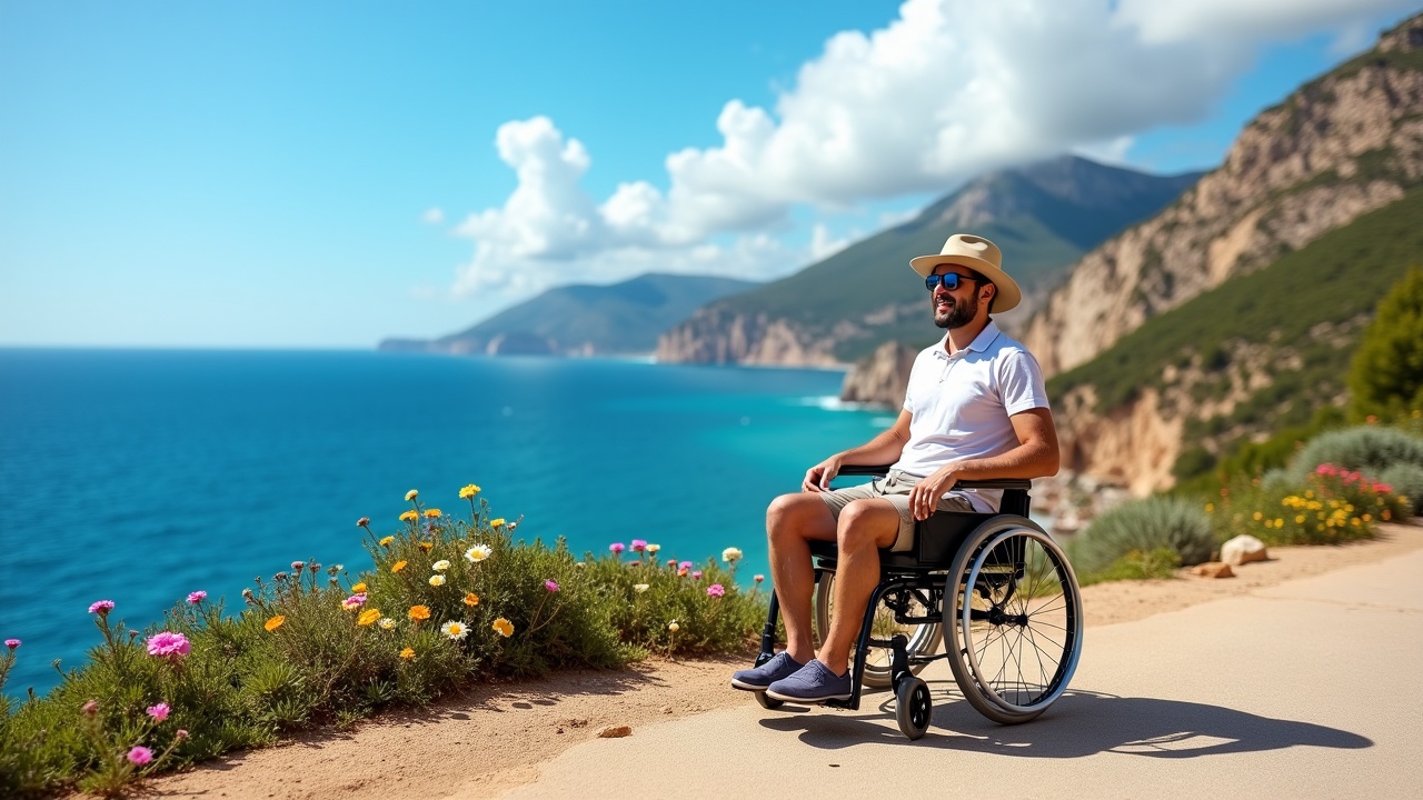 AI generated image by FLUX.1: A realistic image of a male tourist using a wheelchair on the Costa Brava coastline. The background features the vibrant blue Mediterranean Sea, rugged cliffs, and a sunny sky with scattered clouds. The man is casually dressed in summer clothes, wearing sunglasses and a hat, smiling as he enjoys the scenic view. The setting includes a paved path along the cliffs with colorful flowers and lush greenery nearby.