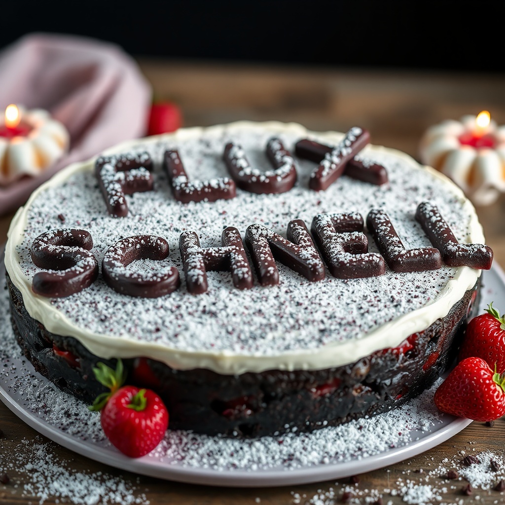 AI generated image by FLUX.1-schnell: black forest gateau cake spelling out the words "FLUX SCHNELL", tasty, food photography, dynamic shot