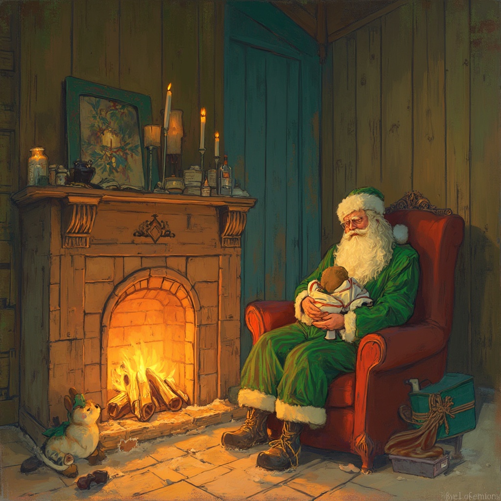 AI generated image by FLUX-Realism-Lora:
Atelier du Pôle Nord (Architecture : Bois chaleureux (#8B4513), poutres apparentes, bois chaud #8B4513). Père Noël (Silhouette : Corpulent et chaleureux, environ 1m75 ;Visage : Rond, joues roses, rides de sourire autour des yeux ;Barbe : Blanche immaculée, volumineuse, tressée avec soin ;Lunettes : Rondes, monture dorée fine, toujours sur le nez ;Pyjama et pantoufles à carreaux rouge #C1272D) endormi dans un fauteuil près d'une cheminée allumée (lumière dorée #FFD700). À côté, Flocon (Jeune lutin Taille : 90cm environ ;20-25 ans en âge humain; Peau : Légèrement rosée ;Cheveux : Blond platine, coupe courte ébouriffée ;Yeux : Verts émeraude, grands et expressifs ;Oreilles : Pointues, visibles dans les cheveux ;Costume : Tunique verte (#2D5016), ceinture marron, pantalon rayé vert/blanc ;Bonnet : Vert avec pompon blanc, légèrement penché ;Chaussures : Pointues recourbées, avec grelot doré ;Accessoire signature : Toujours un crayon derrière l'oreille) sur un bloc-notes. Ambiance chaleureuse et sereine. Image Carrée 2000x2000. Style: Semi-Réaliste, Texture: Gouache/Aquarelle. Références: Oliver Jeffers (douceur), Chris Van Allsburg (drame/lumière), Shaun Tan (texture/profondeur).