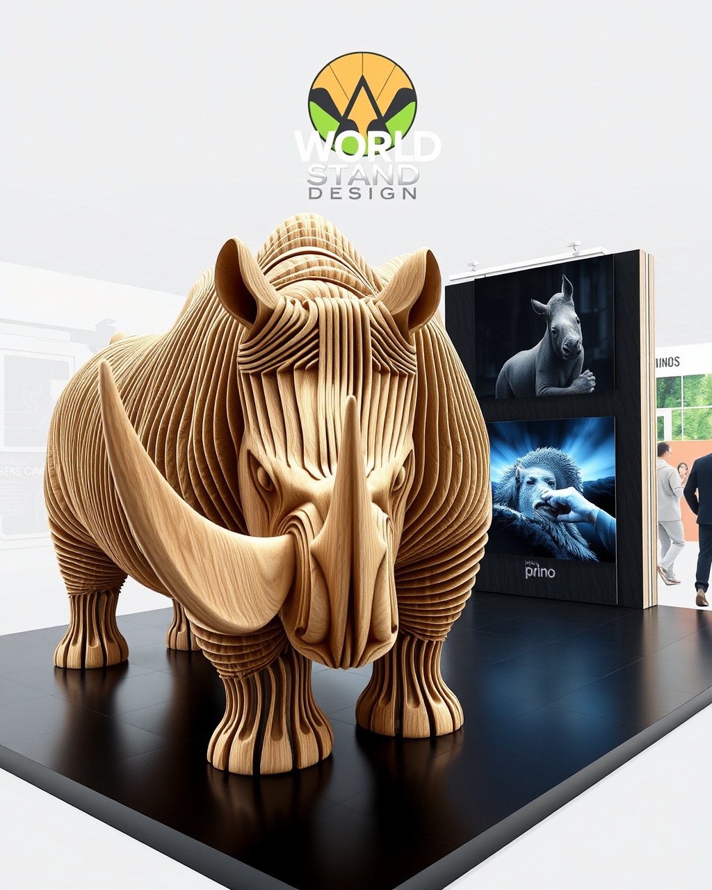 AI generated image by FLUX.1-schnell: Create a visually striking and captivating rendering for the "WORLD STAND DESIGN" exhibition booth. The design should prominently showcase the company’s logo at the top, ensuring it stands out and draws the eye of attendees.
For the booth's aesthetic, draw inspiration from an abstract 2D representation of a rhinoceros. This will be achieved through the innovative use of wooden strips, each measuring 2 cm in thickness, arranged artistically to evoke the qualities and silhouette of the rhinoceros. The strategic placement and layering of these wooden elements will not only highlight the unique theme but also create a dynamic visual experience that engages and intrigues visitors, embodying the essence of nature and design.