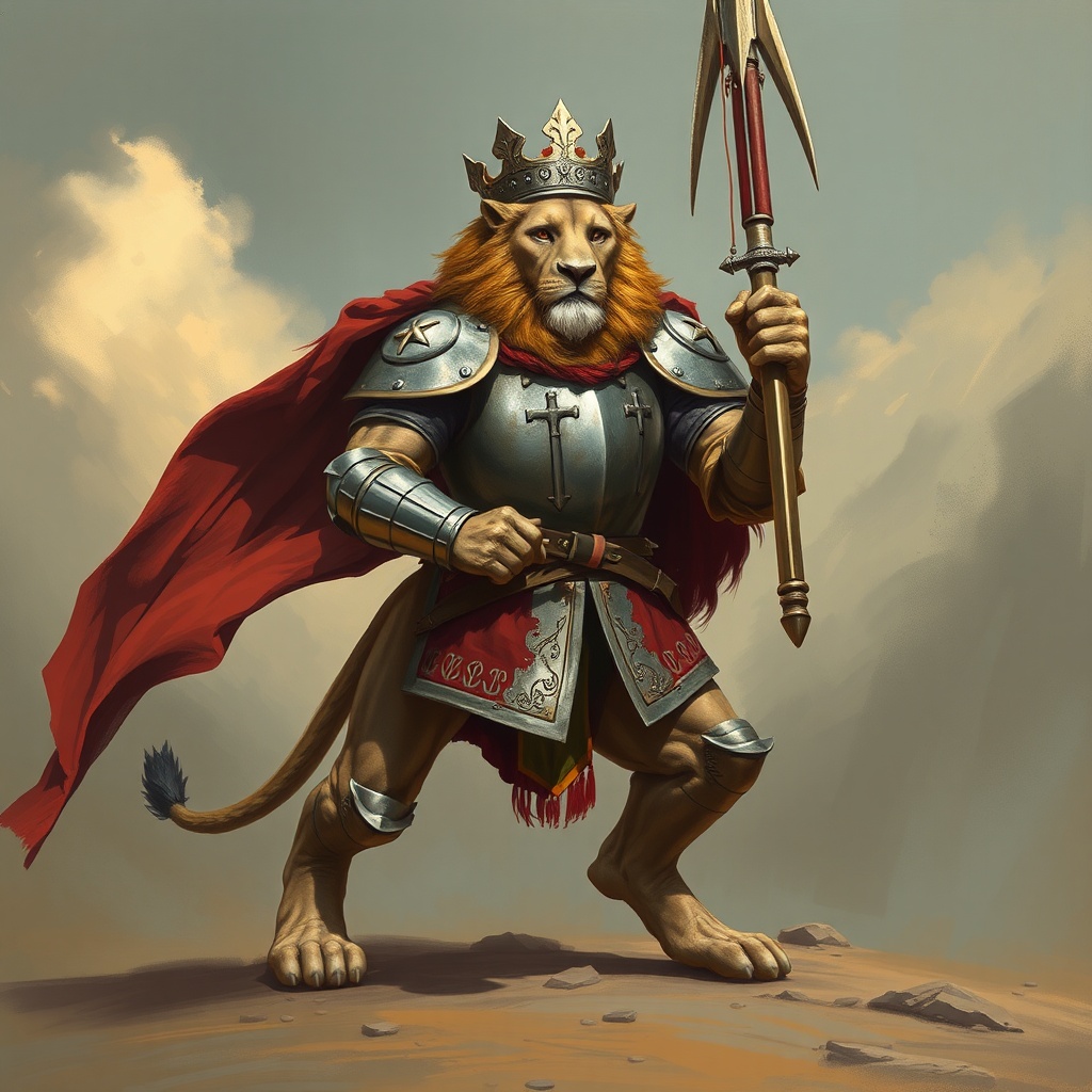 AI generated image by FLUX.1-schnell: A lion as king and soldier standing on his two feet like a human and wearing a armour ready to fight