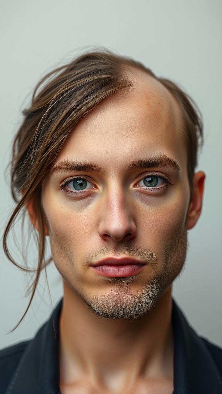 AI generated image by FLUX.1-schnell: A front facing portrait that is half male on the right, half female on the left