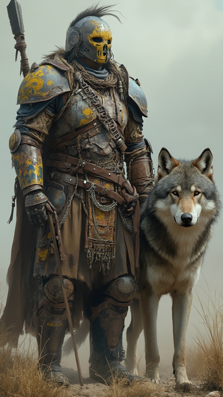 AI generated image by FLUX-Realism-Lora: hyper-realistic, ultra-realistic, telephoto lenses, an armored masked shoshone tribe superhero standing next to a large armored gray wolf companion, armor with primarily yellow, blue and brown colors, facing the camera, natural terrain