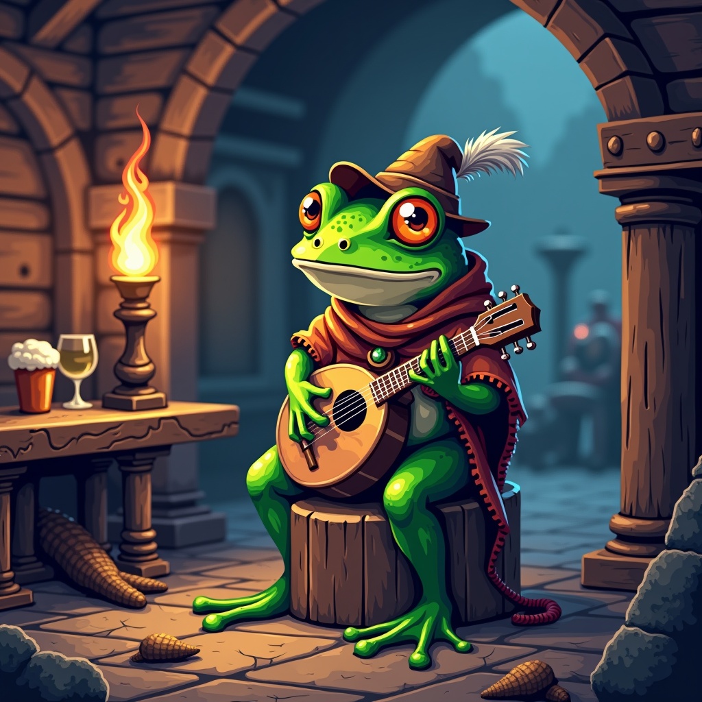 AI generated image by FLUX.1: A small, comical frog bard perches confidently on a weathered wooden stool beneath the flickering torchlight of a rustic medieval tavern. Its vibrant green skin, dotted with faded battle scars, gleams softly despite the dim pixelated glow. Clad in a tattered patchwork cloak and a crooked bard’s hat with a worn feather, the frog’s wide, expressive eyes shine with mischievous wisdom and quiet resilience. A lute rests in its hands, fingers frozen mid-strum, as if caught in the middle of a heartfelt melody that echoes through the grainy pixel air. Behind it, the tavern’s pixelated timber beams creak, and scattered patrons blur into muted, blocky shapes, lost in the crackling warmth of a dying fire.
Rendered in a retro, 16-bit pixel art style, the scene is drenched in grainy textures and soft CRT scan lines, with subtle pixel bloom highlighting the lute’s strings and the bard’s breath in the chilly night air. The palette is limited yet vibrant — a nostalgic homage to classic SNES-era fantasy RPGs. This frog bard is both a humorous companion and a steadfast storyteller — a pixelated relic of an age when every note and every pixel carried weight. Quirky. Loyal. Unforgettable.