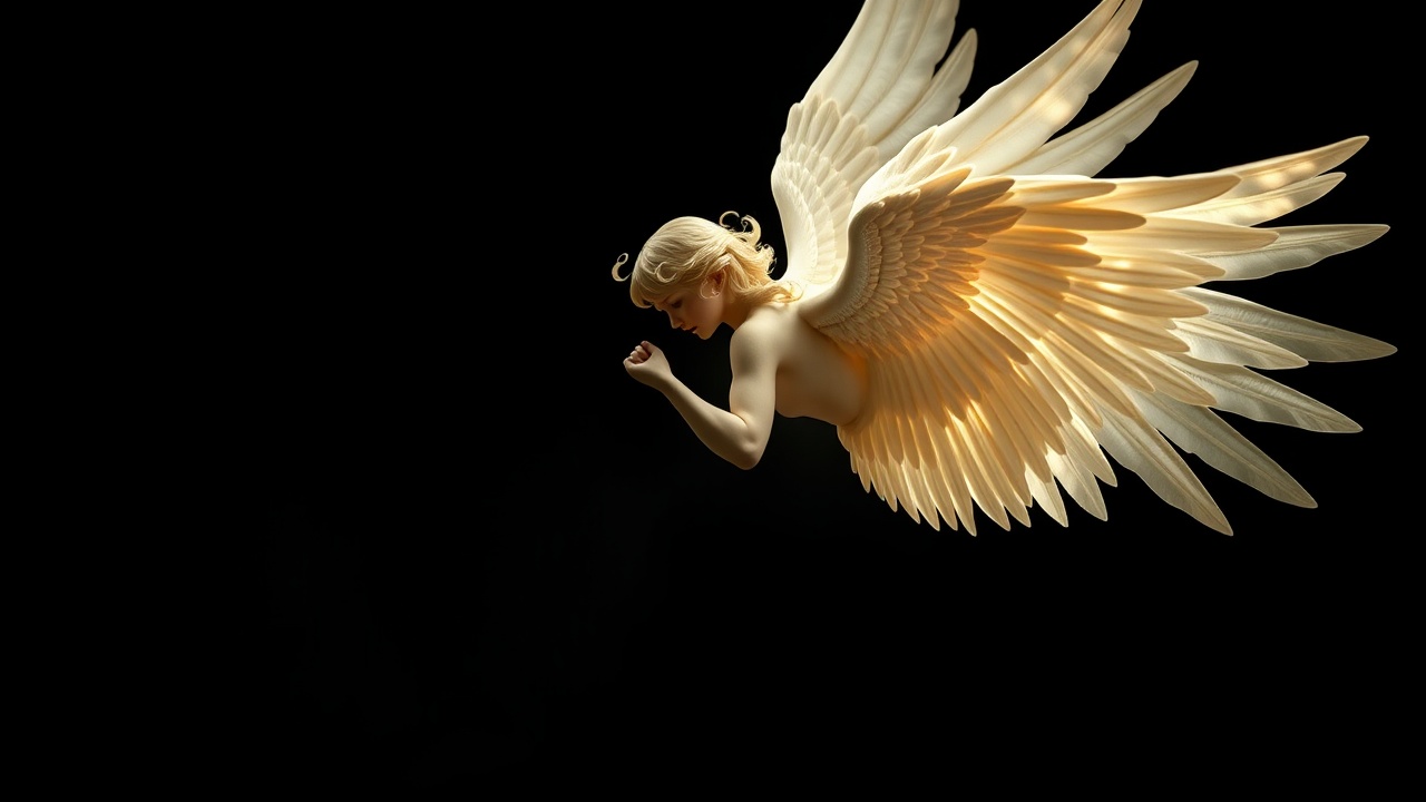 AI generated image by FLUX.1-schnell: a angel on black background... mystical, etheral, heavenly, whole angel is in the image , nothing is out of frame... the angel is oriented sideways and looks down