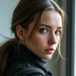 AI generated image by FLUX.1-image-to-image: PROMPT: Photorealistic Conversion
Use the uploaded image as a strict visual reference.
Create a photographic, ultra-realistic portrait of a real human woman that matches the exact pose, head angle, facial orientation, framing, and composition of the reference image. The subject must be rendered as a real person photographed with a professional camera, not an illustration. Preserve exactly: Head tilt, gaze direction, and posture, Cropping, scale, and position in frame, Clothing design, armor structure, visor shape, and equipment layout, Hairstyle length, direction, and volume. Convert all elements to real-world materials:
Skin with natural pores, fine wrinkles, subtle asymmetry, realistic subsurface scattering. Hair as individual strands with natural highlights.
Optical eye piece as real optical material (tinted glass or polycarbonate) with believable reflections and thickness. Clothing and armor as real fabrics and composites (stitched seams, wear patterns, realistic stiffness) Lighting should resemble high-end studio portrait photography with soft but directional light, natural shadow falloff, realistic contrast, and accurate color response. Use a full-frame DSLR or cinema camera look, shallow depth of field, sharp focus on the face, natural lens perspective. The final result must look indistinguishable from a real photograph of a real person wearing real tactical/futuristic gear, while remaining perfectly faithful to the reference pose and design. NEGATIVE PROMPT:Do NOT stylize, cartoonize, illustrate, or beautify unrealistically.
Avoid:CGI, 3D render look, game art, concept art, Anime, cyberpunk illustration style, painterly effects,Smooth plastic skin, waxy faces, airbrushed texture,Exaggerated facial symmetry or idealized proportions, Over-glow, neon lighting, rim-light outlines,Costume-like materials that look fake or foam-based, Changing the pose, camera angle, framing, or clothing design, Adding or removing accessories or armor details, No fantasy aesthetics. No illustration cues. No stylization.
The image must read as a real photograph first, not a game character.