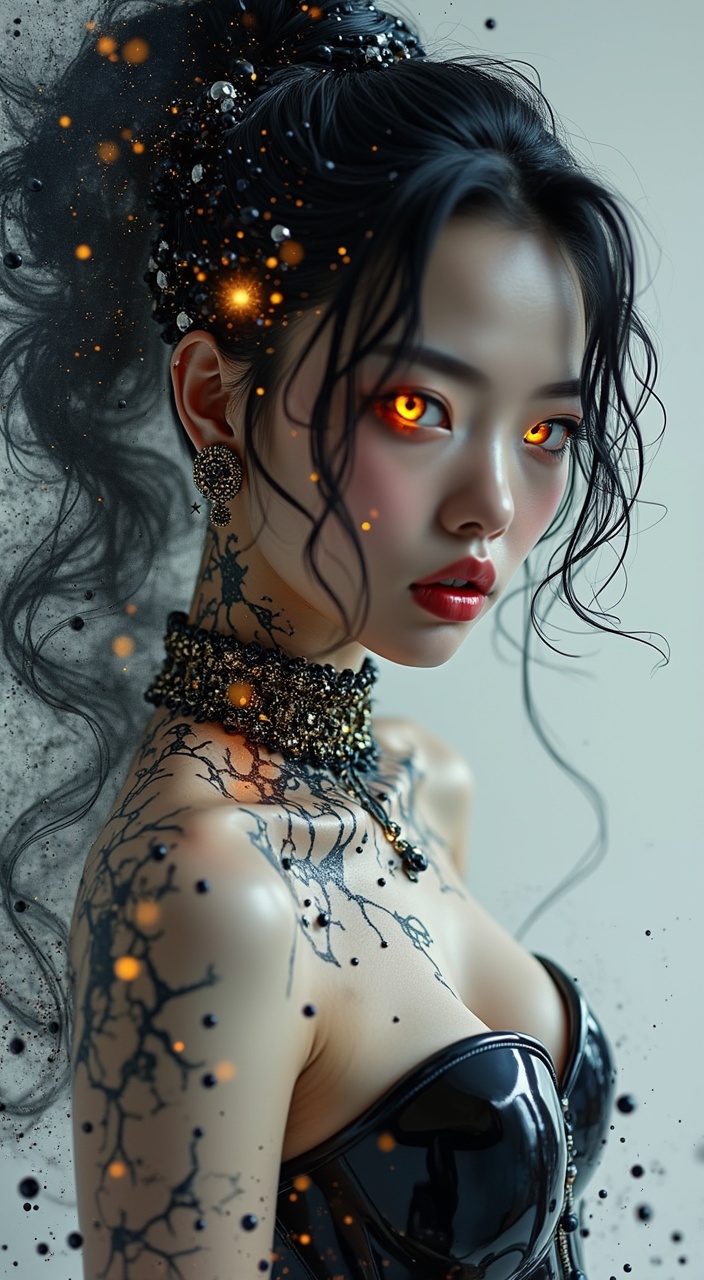 AI generated image by FLUX.1-pro: Create a hyper-realistic surreal portrait where reality fractures into beautiful impossibility: a modern japanese femme fatale whose amber eyes emit an otherworldly luminescence , her liquid-obsidian hair defying gravity in a high ponytail where strands transform into ethereal smoke, intertwining with floating black pearls particles that orbit her form like microscopic galaxies, while her hair accessory morphs between solid and liquid states, defying physics by dripping upward into the void, her choker manifesting impossible geometries that pulse with mechanical life as the designer pendant seems to sink into a dimension beneath her skin creating reality ripples, her sleek latex corset-style top with a plunging sweetheart neckline reflecting light in physically impossible ways - simultaneously absorbing all light while emitting otherworldly bioluminescence, its material state fluctuating between liquid, solid, and vapor in mesmerizing paradox, each seam and curve of the fitted bodice creating ripples in the fabric of reality itself, skin transitioning between porcelain smoothness and crystalline fragments where golden circuit-like veins peek through the epidermis that fractals into infinite patterns, iridescent lips shifting colors with every angle despite the static nature of the image, all while the background warps into a vortex of inverse watercolor physics where paint flows against gravity and abstract forms suggest familiar shapes that dissolve upon focused attention, multiple impossible light sources creating contradictory shadows and highlights that challenge spatial perception, with microscopic details revealing infinite recursions hidden within textures that become increasingly surreal upon closer inspection, the entire composition dancing on the knife-edge between photorealistic precision and impossible surrealism, manifesting as a beautiful hallucination captured in perfect clarity where every element seems to breathe and move in peripheral vision yet remains hauntingly still when directly observed, creating an image that feels like a dream made tangible through digital artistry.