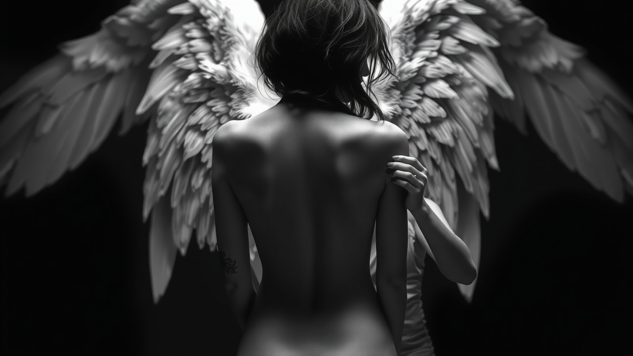 AI generated image by FLUX.1-schnell: The image depicts a surreal black-and-white scene with a combination of ethereal and intimate elements. In the foreground, there is a woman with dark, flowing hair, wearing no top, her back facing the viewer. Her skin has delicate shading that highlights her body contours. She has large, detailed wings on her back that give a celestial feel, with feathers expertly drawn to show depth and texture. Her body features a visible tattoo on her upper arm, adding a personal touch. In front of her, another woman is partially visible, focused on delicately tattooing the back of the winged woman. The second woman is gazing at her work, her facial expression serene, with soft, subtle shading of her features. The tattoo artist’s body is angled in such a way that her form and pose are noticeable, though her face is not clearly seen. Both figures are surrounded by a dramatic contrast of dark and light areas that enhance the intimate and powerful mood. The background shows soft, blurred shadows of more angelic wings, enhancing the sense of depth and otherworldliness. The lighting is soft but high-contrast, with light sources illuminating the figures from the left, creating shadows on their bodies and amplifying their form. The monochromatic tones of the piece are balanced with subtle gradients of gray, giving it a high-definition, detailed finish. The composition is framed by an oval shape that adds to the mysterious, enclosed feel of the image. The overall atmosphere is one of quiet intensity, combining elements of vulnerability, strength, and artistry.