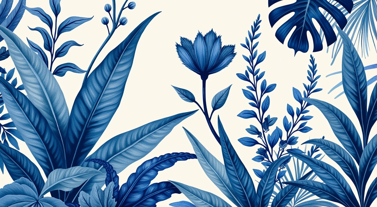 AI generated image by FLUX.1-pro: toile de Jouy, bleu sur fond blanc, papier peint dense style végétal avec fleurs et plantes tropicales.