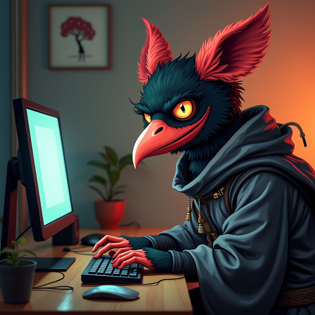 AI generated image by FLUX.1-pro: A tengu like the emoji 👺 with hacker vibes at a computer wearing a rumpled hakana, funny looking