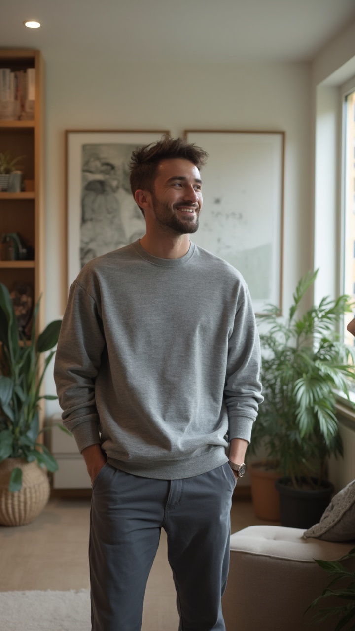 AI generated image by FLUX-Realism-Lora: Ein moderner, minimalistischer Wohnraum mit sanfter, warmer Beleuchtung. Ein 25-jähriger Wohlfühl-Coach in lässiger, bequemer Kleidung inkl. grauem oversized Sweatshirt steht entspannt in der Mitte des Raums. Im Hintergrund sind grüne Pflanzen, ein Bücherregal und inspirierende Dekorationen zu sehen. Der Coach lächelt freundlich während er die Kamera anspricht. Die Kamera ist relativ nah, sodass man nicht viel von seinem Körper sieht