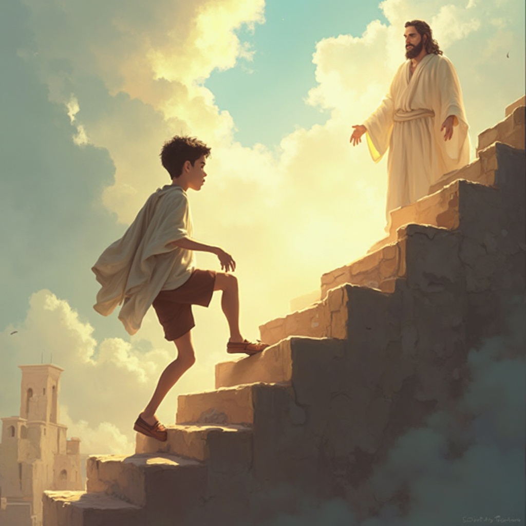 AI generated image by FLUX-Realism-Lora: A hesitant teenager boy ascending on the first step of long stairs, looking towards Jesus, who is standing on the top of the stairs, cartoon, digital art