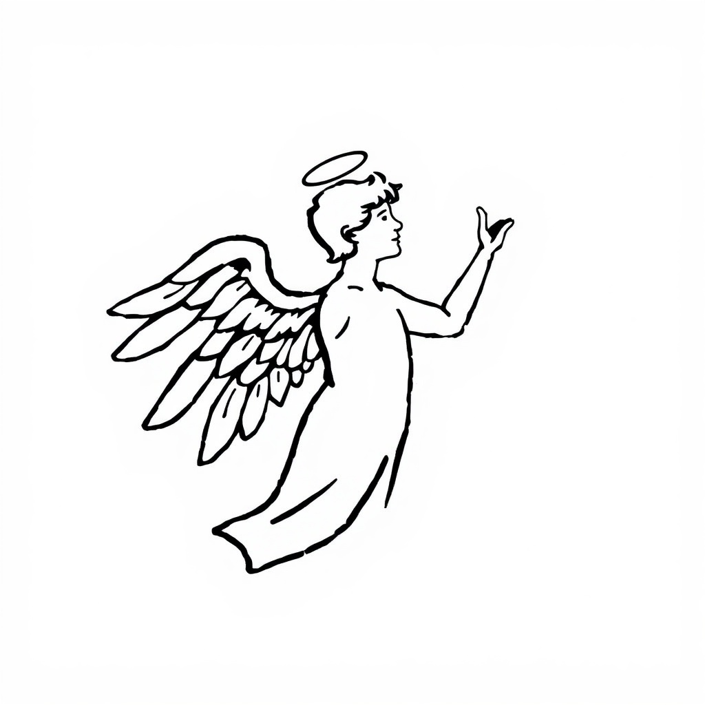 AI generated image by FLUX.1-schnell: The image features a illustration of an angelic figure with wings spread wide, symbolizing flight or divinity. The figure is depicted in profile, facing to the right, with one hand raised as if reaching out or blessing. It has a humanoid form, with a halo-like crown on its head and a serene expression. The background is plain white, which contrasts with the black silhouette of the figure, making it stand out prominently.