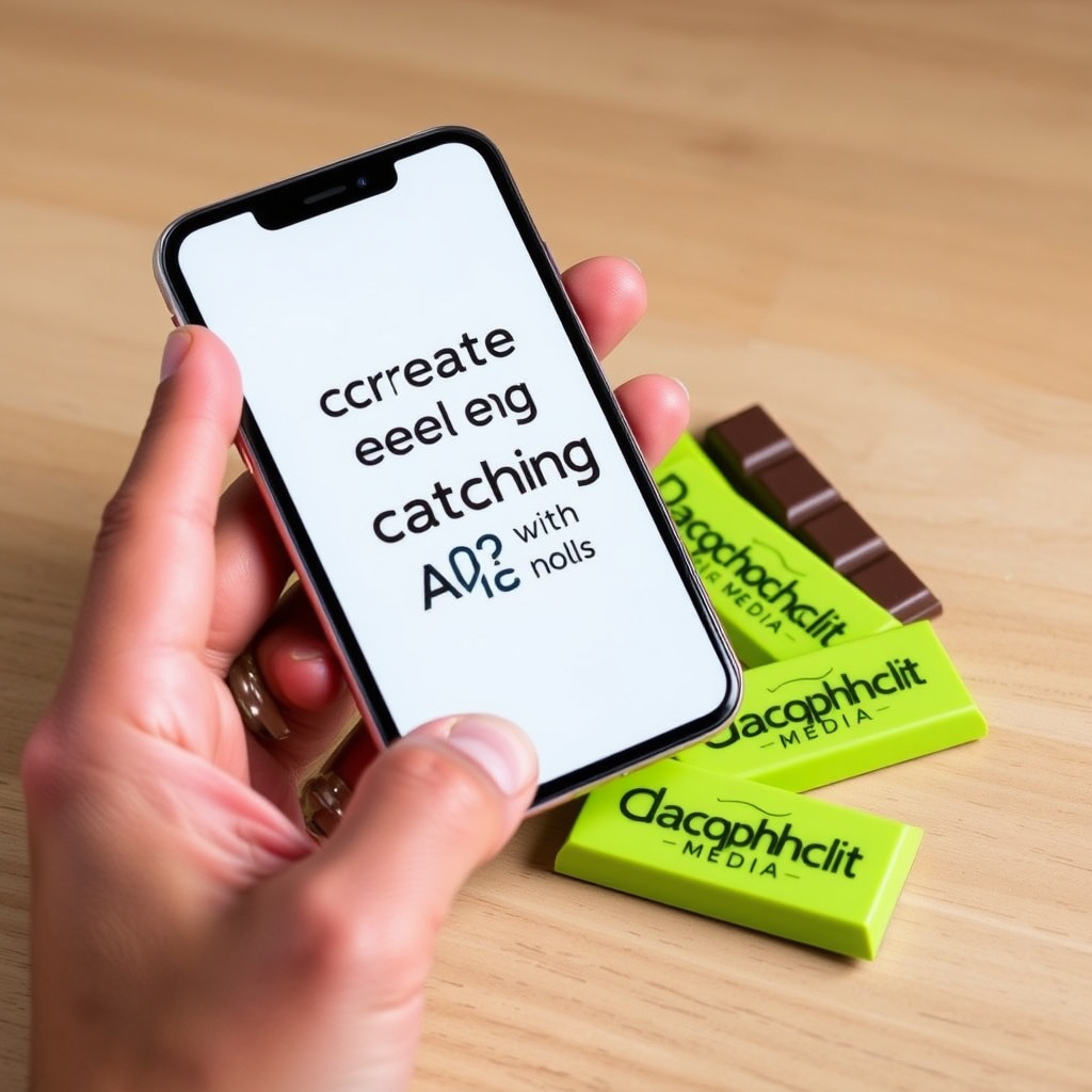 AI generated image by FLUX.1-schnell: A professional stock photo of a hand holding an iPhone with a screen that says "create eye catching Ads with Darqchoclit-Media". The iPhone is placed on a wooden surface. There are chocolate and lime green chocolate bars with the Darqchoclit-Media logo. The background is neutral.