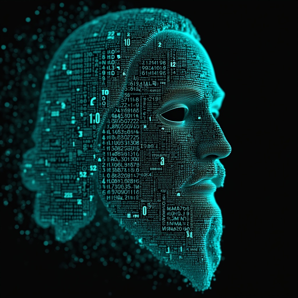 AI generated image by FLUX.1-pro: Leonardo DaVinci's face as a digital mask made from thousands of turquoise numbers and formulas forming his face. the formulas and numbers fly behind the mask leaving a trail of complexity. the mask is floating dynamically in mid air. his head is turned to the right but his eyes are looking directly into the camera. the mask is on a black background. like a png with black only background. photo realistic, sci-fy