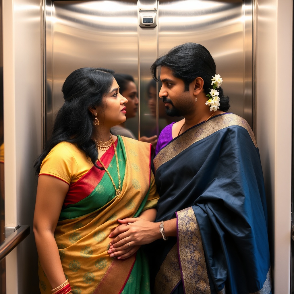 AI generated image by FLUX.1-schnell: She is 36 married she was working in a it company and she was friendly with a 40 years old co employee ..both are on lift chating...he intentionally grabbed her hips as she was in saree...the thin low tucked saree not much covered her low waist and small belly and navel...her body sweated and her sleeveless hands blouse the strapped and she wears a long gold chain and gold earring with long jasmine flowers from her brided hairs..make this image 8k definition with hyper photorealistic as like dslr lens modified with proper details