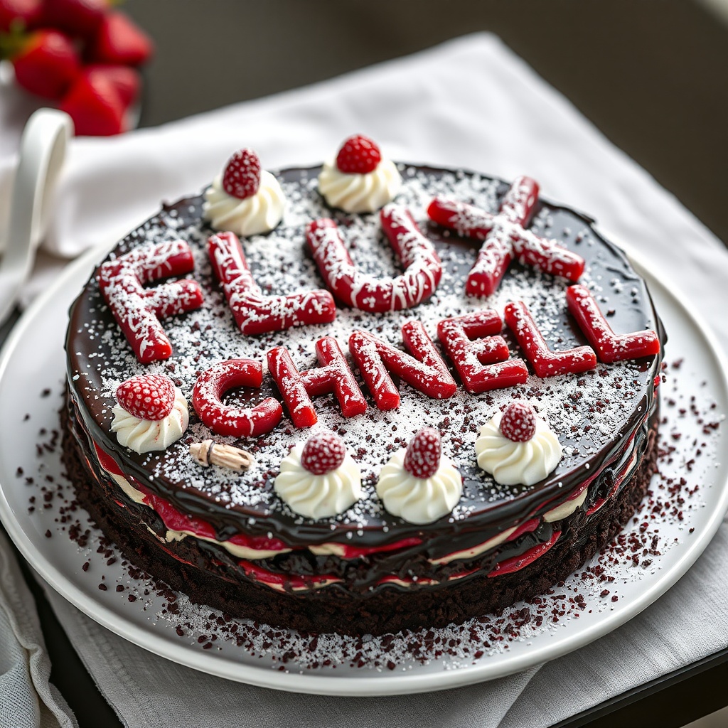AI generated image by FLUX.1-schnell: black forest gateau cake spelling out the words "FLUX SCHNELL", tasty, food photography, dynamic shot