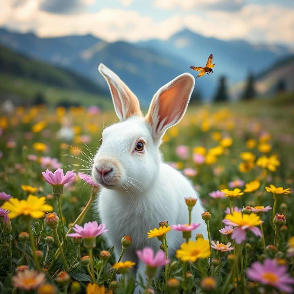 AI generated image by FLUX.1-schnell: Süßer Weißer Hase in einem Gelb, Pink grünen Blumenfeld vor Alpenpanorama an einem sonnigen Tag an dem schon Bienen fliegen