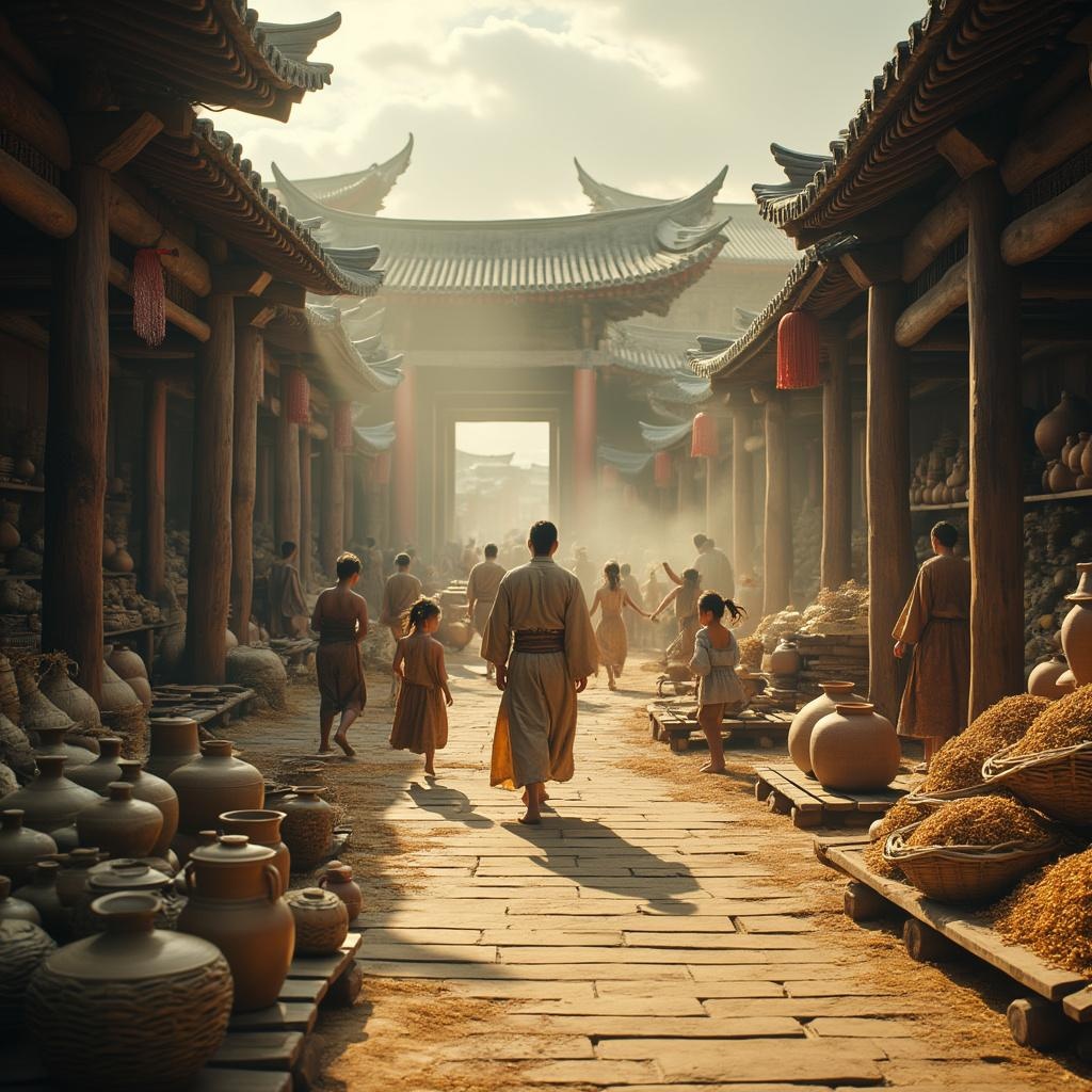 AI generated image by FLUX.1-pro: First-person wide shot, 9:16 aspect ratio, following Yueyun walking through wooden city gate into a Neolithic marketplace, simple pottery laid on reed mats, jade ornaments displayed on wooden boards, grain stored in woven baskets and piled sheaves, shouting voices of barter trade, children chasing each other barefoot, cooking smoke rising from clay stoves, people wearing ramie fabric with plant-dyed geometric patterns, warm sunlight, cinematic lighting, historical accuracy, IMAX quality. --no modern buildings