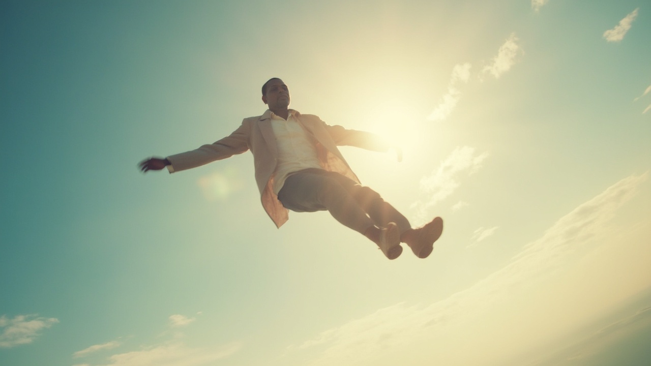 AI generated image by FLUX-Realism-Lora: black american man flying peacefully in the sky towards the camera , legs crossed, as god walks behind him in the distance, the sun brightens his face