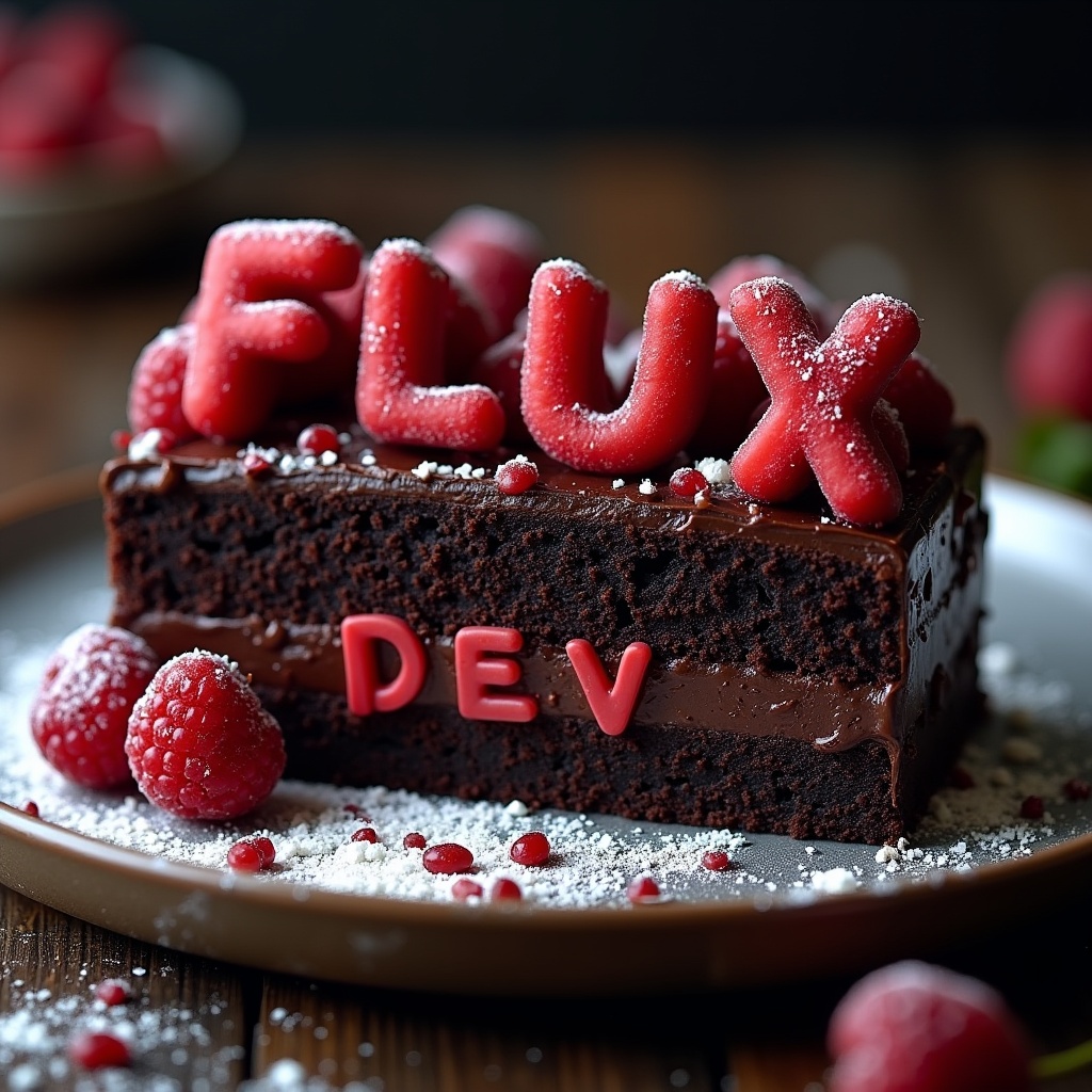 AI generated image by FLUX.1: black forest gateau cake spelling out the words "FLUX DEV", tasty, food photography, dynamic shot