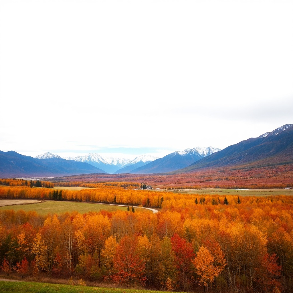 AI generated image by FLUX.1-schnell: A white sky overlooking autumn fields with mountains in the background